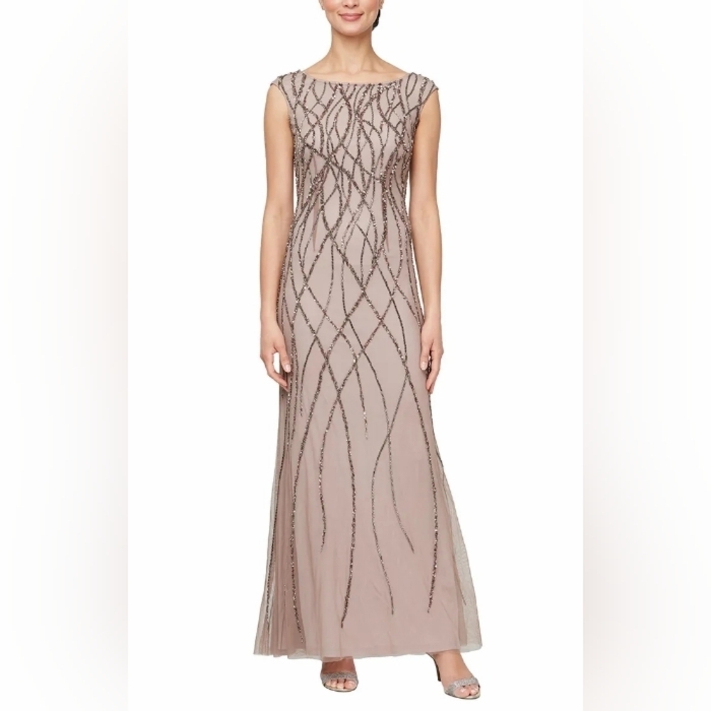 Alex Evenings Women's Maxi Dress -‎ Taupe and Silver